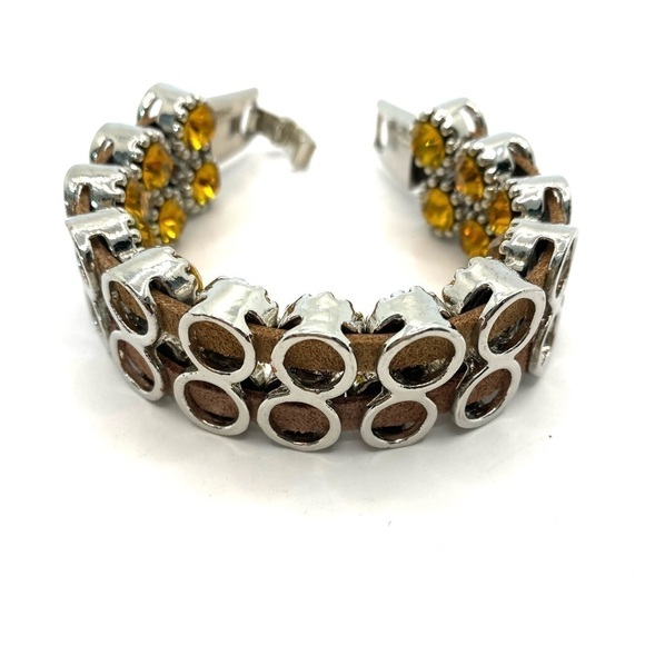 Bracelet Yellow Crystal Sliding Beads Brown Leather Silver Tone Clasp Statement - Picture 8 of 12